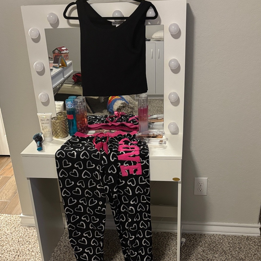 Black Tank Top and Heart Print Pajama Pants